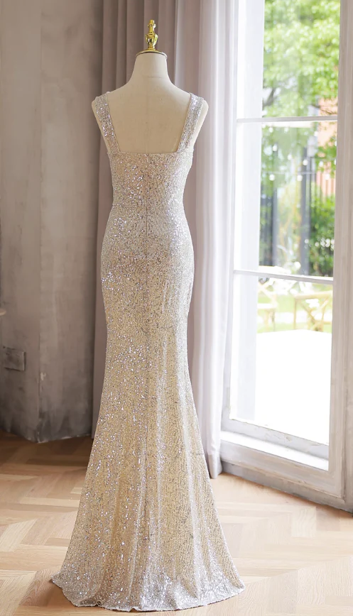 Sparkly Light Champagne V-neck Formal Dress Beaded Sequin Mermaid Evening Gown Modest Long Prom Dresses DH2702 - Deanwangkt