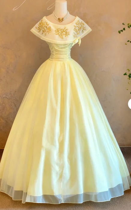 Fairy Jewel A-Line Long Prom Dresses Tulle Pastel Yellow Quinceanera Dresses Sweet 16 Dress DP3748 - Deanwangkt