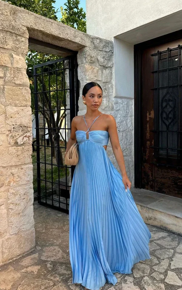 Classy A line Halter Blue Sleeveless Hollow pleated long Prom dresses Graduation Dresses DP521 - Deanwangkt
