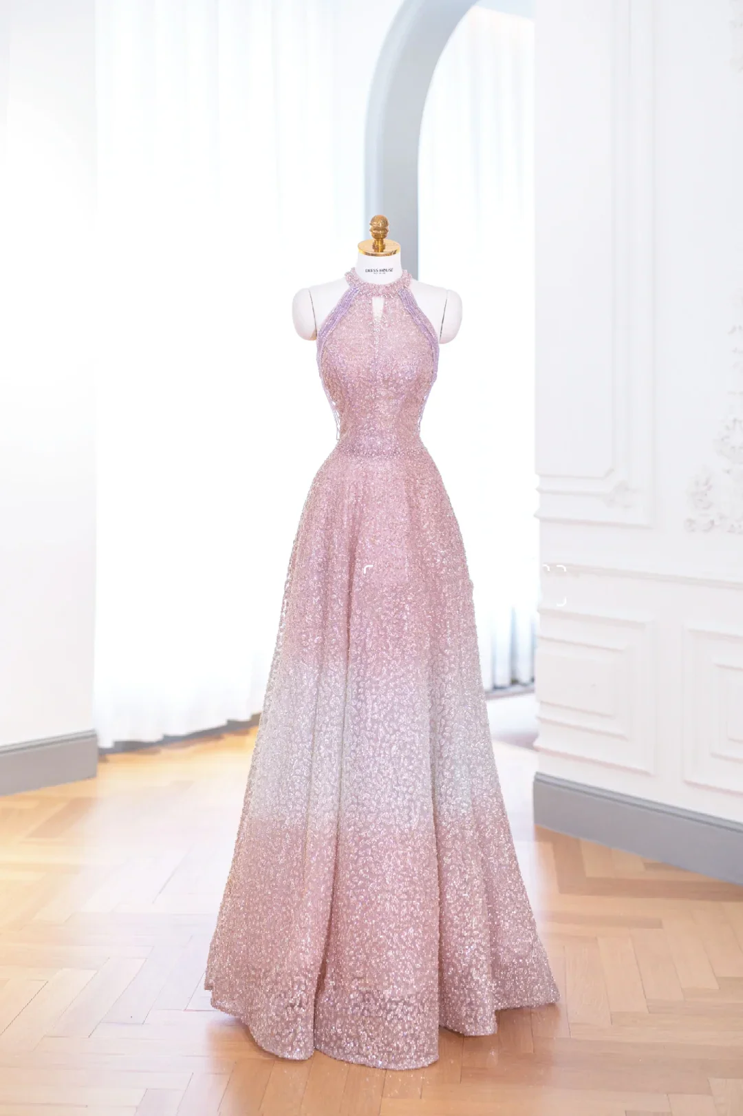 Elegant Glamour A Line Halter Pink Sequin Prom Gowns Party Dress Evening Dresses DP891 - Deanwangkt
