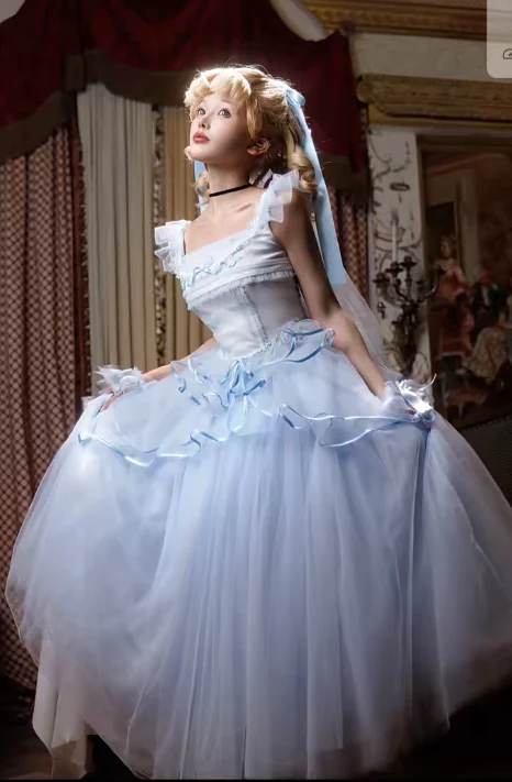 Sweet Square Neck Ball Gown Tulle Sleeveless Birthday Dress Light Blue Lolita Dress DP03054 - Deanwangkt