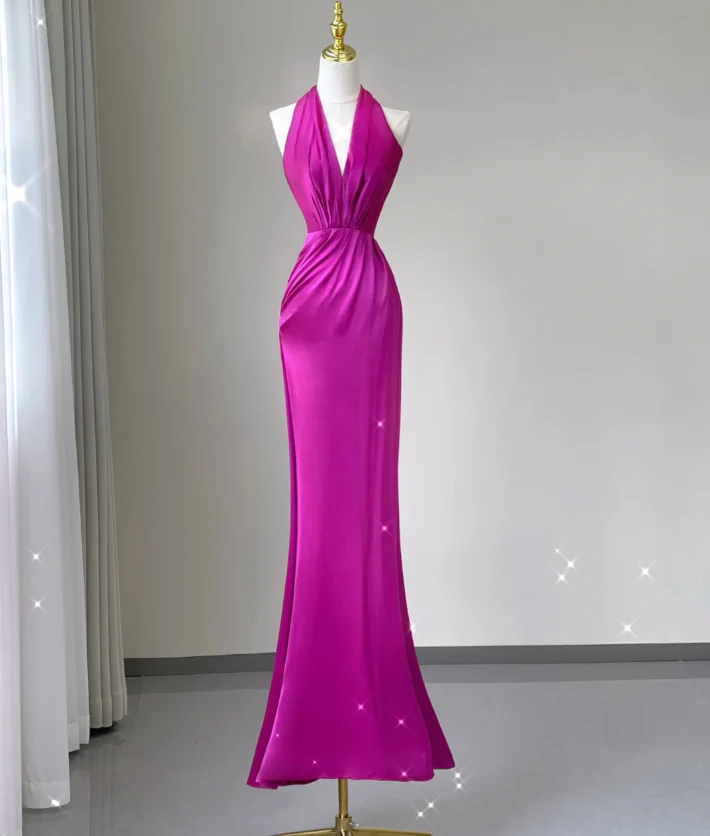 Pretty Mermaid Halter Pink Satin Long Prom Dresses Evening Dresses DP467 - Deanwangkt