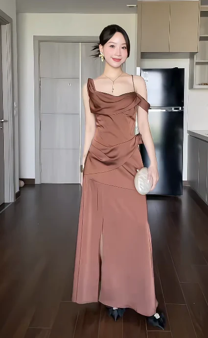Elegant Spaghetti Straps Sheath Long Prom Dresses Satin Brown Wedding Guest Dresses DP3805 - Deanwangkt