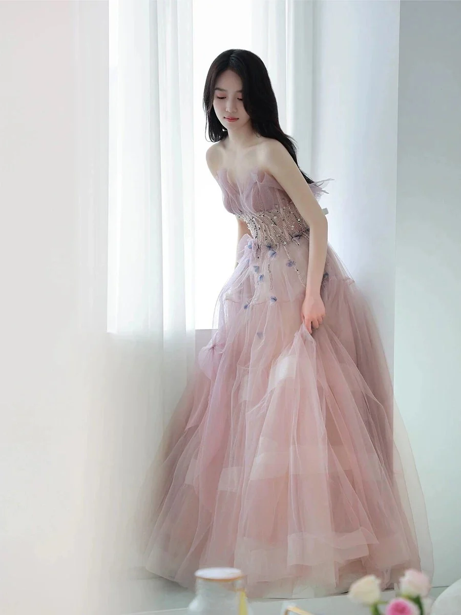 Classy Ball Gown Sweetheart Pink Tulle Evening Dress Long Prom Dresses H2874 - Deanwangkt