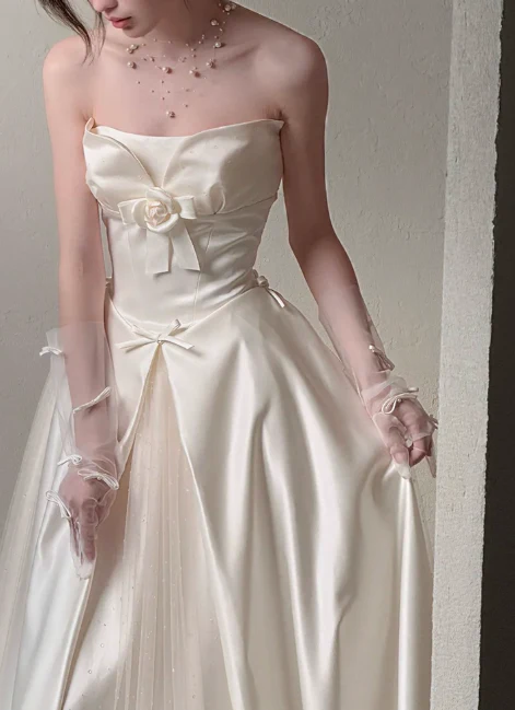 Elegant Strapless A-Line Long Luxury Wedding Dresses Tulle Satin Simple Bridal Dresses DP2978 - Deanwangkt