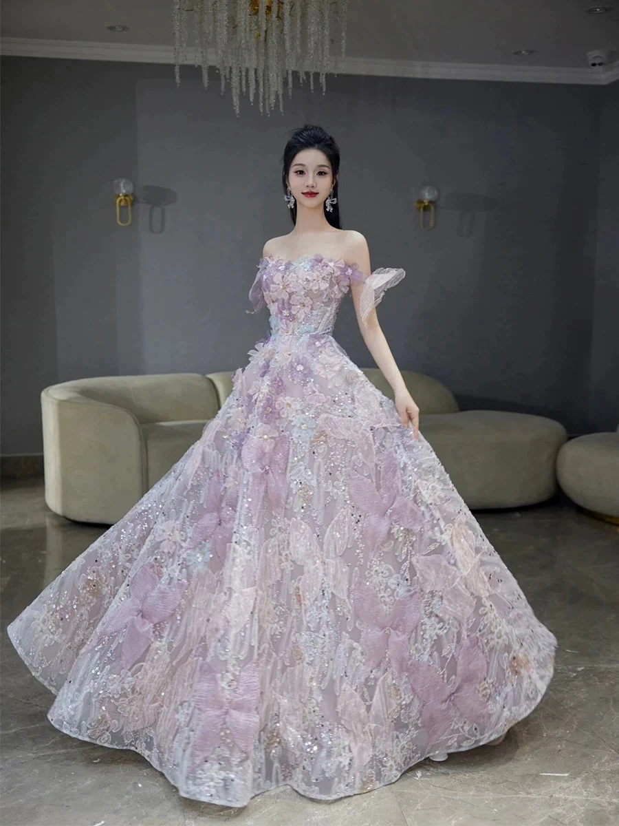 Classy Ball Gown Straps Pink Floral Evening Dress Long Prom Dresses H2880 - Deanwangkt