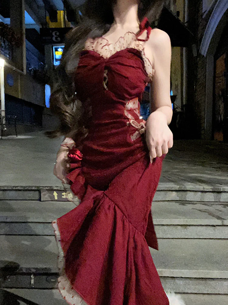 Vintage Mermaid Spaghetti Straps Burgundy Long 18th Birthday Dress Lolita Summer Dress Birthday Outfits W1121 - Deanwangkt