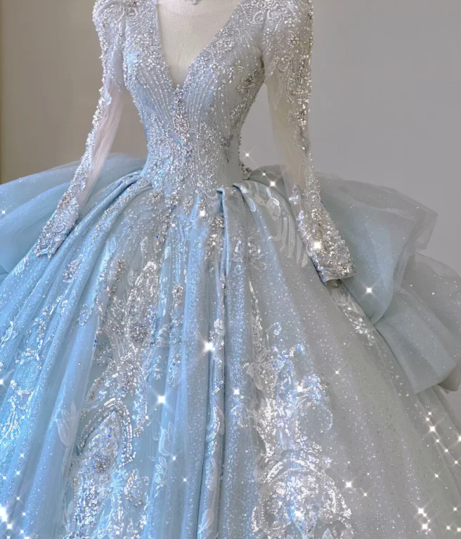Timeless Ball Gown V Neckline Sequin Blue Long Sleeves Wedding Dresses Brides Dress DP465 - Deanwangkt