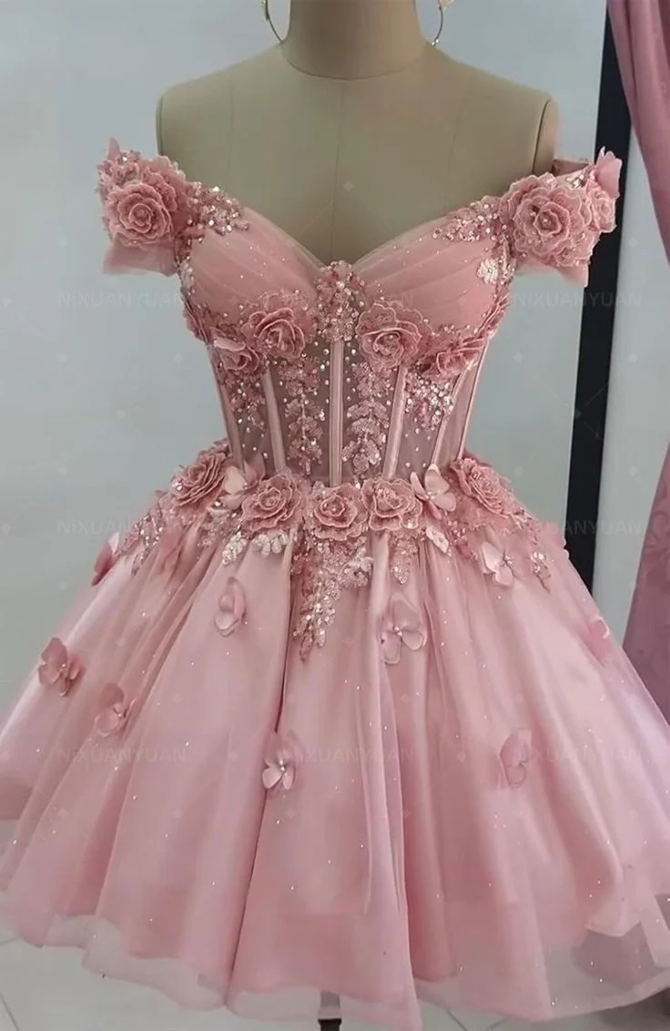 Modest Ball Gown Off The Shoulder Blush Pink Tulle Formal Homecoming Dresses 8th Grad Dance Graduation Dress Short Hoco Dresses DH2596 - Deanwangkt