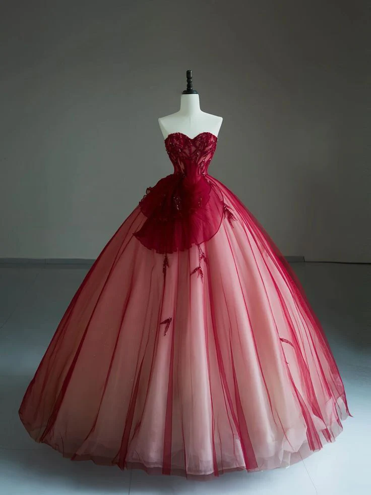 Pretty Ball Gown Sweetheart Red Flowers Tulle Long Quinceanera Dress Formal Gowns Vestido De 15 Anos Sweet 16 Dress W0307 - Deanwangkt
