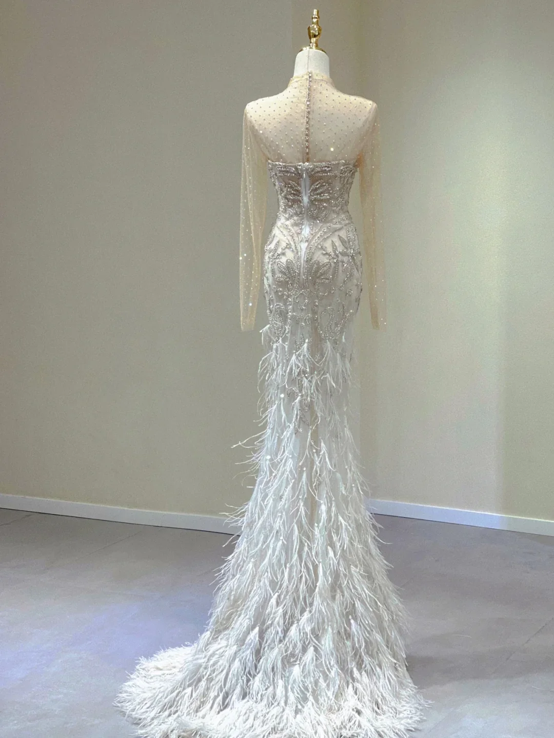 Classy Elegant Mermaid Strapless Long Sleeves Beads Feathers Satin Wedding Dresses Brides Dress DP343 - Deanwangkt