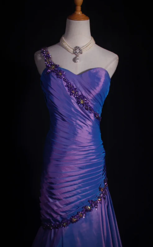 Chic One Shoulder Mermaid Purple Long Prom Dresses Sleeveless Taffeta Purple Evening Dresses DP3859 - Deanwangkt