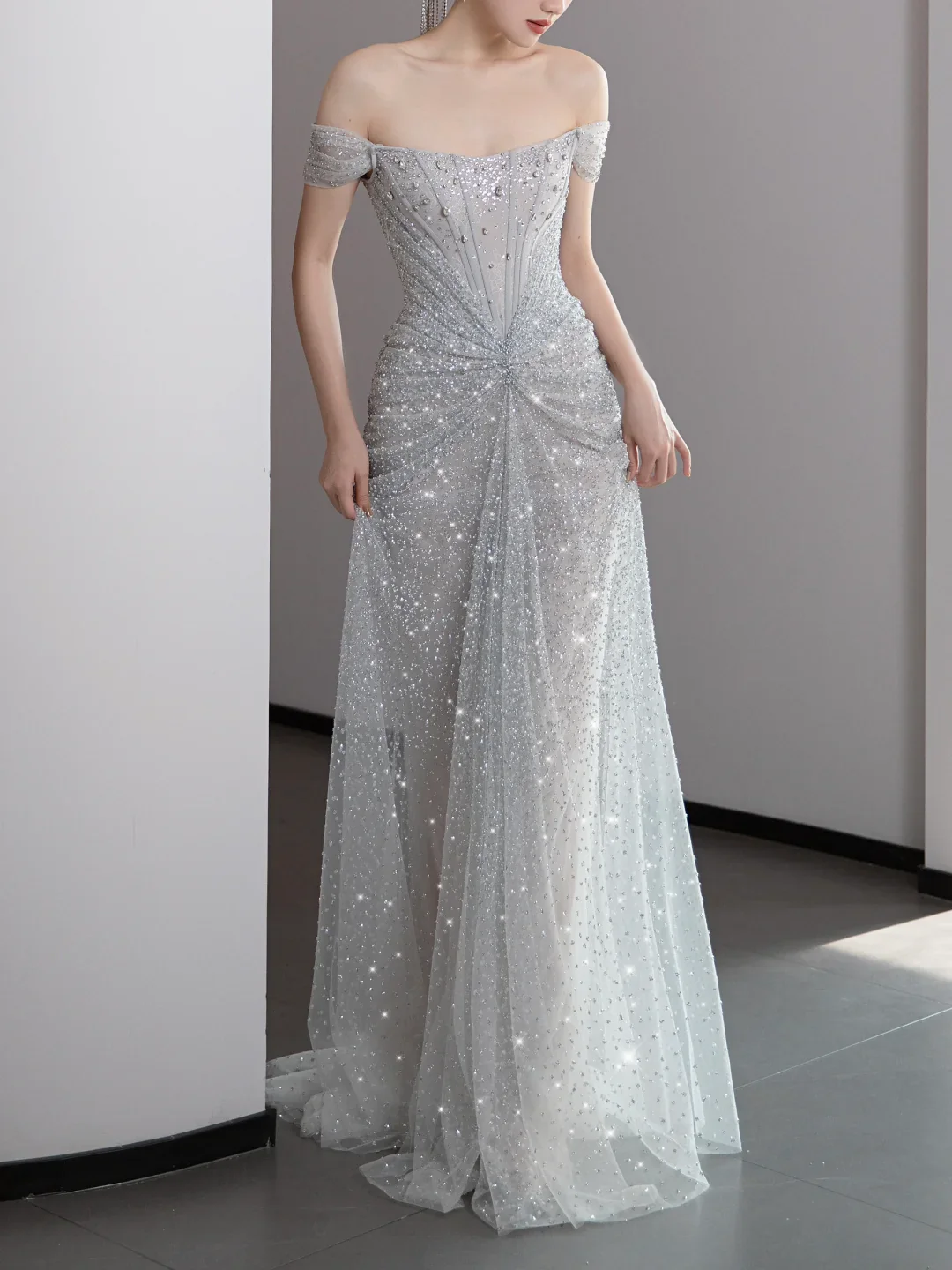 Gorgeous Mermaid Off The Shoulder Silver Gray Sequin Long Prom Dresses Graduation Dresses DP671 - Deanwangkt