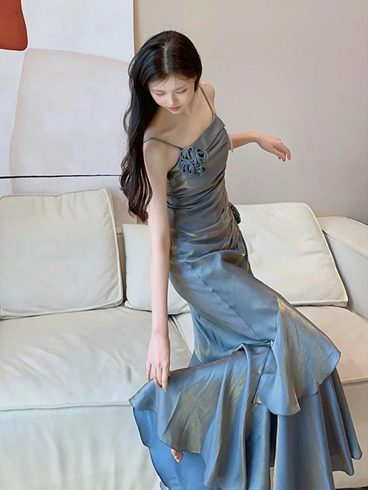 Vintage Mermaid Spaghetti Straps Blue Long Summer 18th Birthday Dress Party Dress Birthday Outfits Evening Dresses DH2418 - Deanwangkt