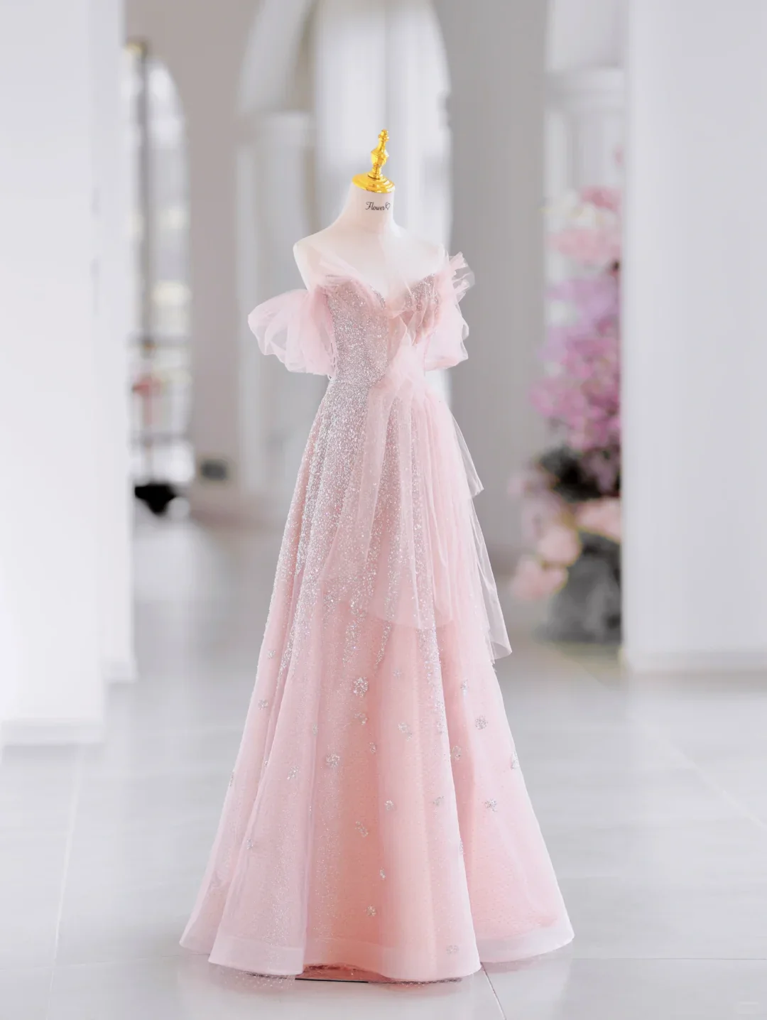 Modest A line Off The Shoulder Pink Tulle Long Evening Party Gowns Evening Dress Special Formal Dresses Prom Dress D2797 - Deanwangkt