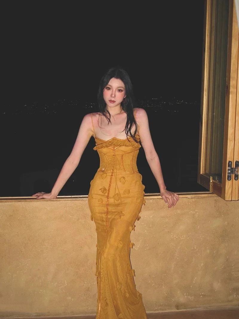 Elegant Mermaid Spaghetti Straps Sleeveless Long Evening Party Gowns Evening Formal Dresses Yellow Prom Dress W904 - Deanwangkt