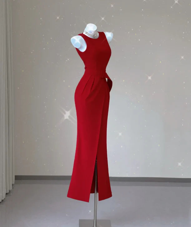 Classy Mermaid Jewel Red Satin Slit Evening Dress Long Prom Dresses P0021 - Deanwangkt
