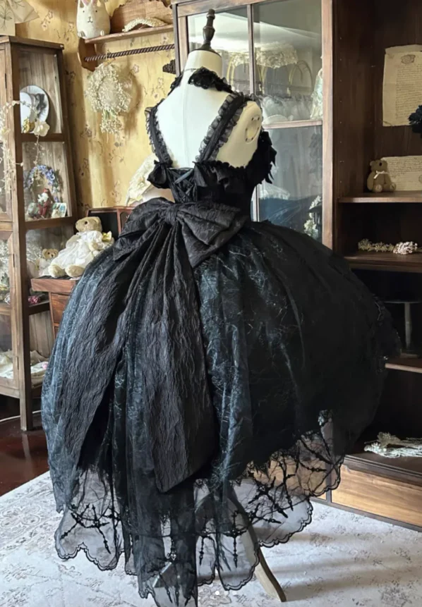 Gothic Strap Ball Gown Lace Bow 18th Birthday Dresses Black Lolita Dress DP3197 - Deanwangkt