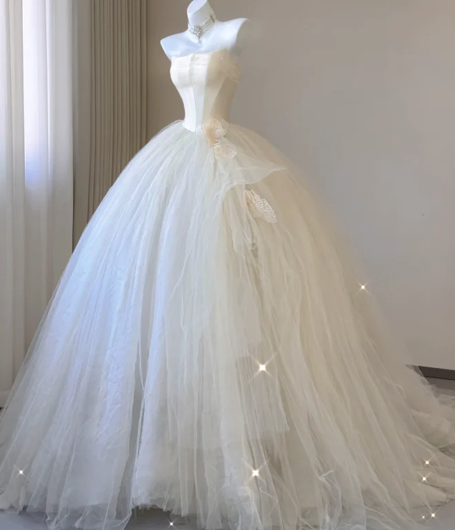 Elegant Ball Gown Strapless Tulle Satin Wedding Dresses Long Brides Dress P0006 - Deanwangkt