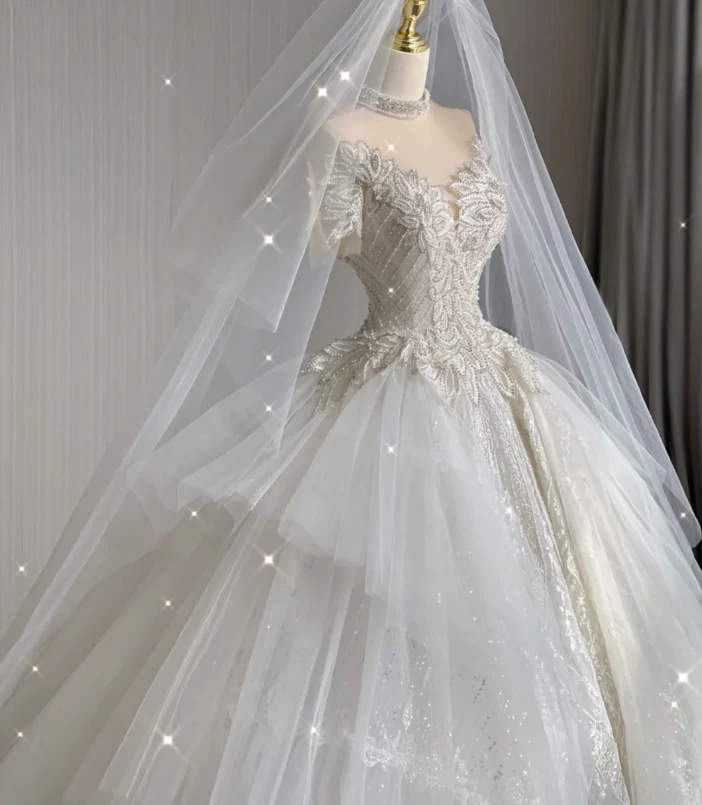 Unique Ball Gown High Neckline Lace Long White Wedding Dresses Summer Brides Dress DP416 - Deanwangkt