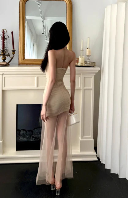 Sexy Off-the-shoulder Sheath Tulle Long Prom Dresses, Light Champagne Formal Evening Dresses DP3133 - Deanwangkt