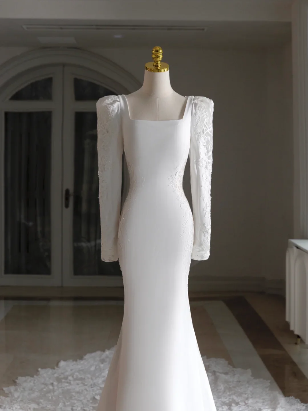 Simple Mermaid Square Neck Long Sleeves Satin Wedding Dress With Lace Wedding Dresses Modest Wedding Gowns Brides Dress DH1298 - Deanwangkt