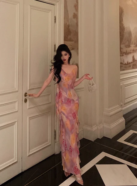 Classy Mermaid Pink Floral Chiffon Long 18th Birthday Dress Party Gown 21st Birthday Outfits Birthday Dress Ideas For Women DP601 - Deanwangkt