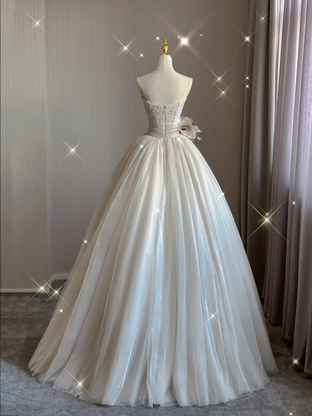 Pretty Ball Gown Strapless Champagne Tulle Long Prom Dresses Evening Dresses DP364 - Deanwangkt