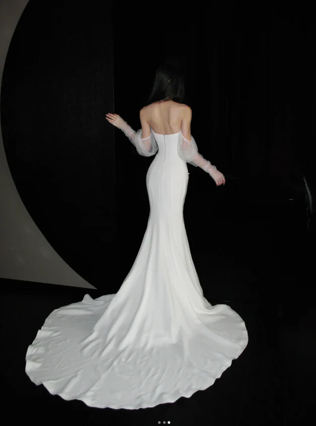 Elegant Off-the-shoulder Mermaid Long Wedding Dresses Chiffon White Bridal Gowns Long Sleeve Bridal Dresses DP3762 - Deanwangkt