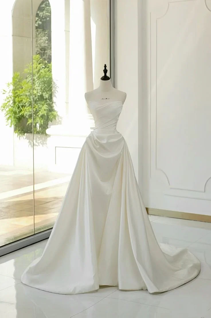Classic Bridal Gown Ball Gown Strapless Satin Long White Wedding Dresses Elegant Bridal Gowns DH757 - Deanwangkt