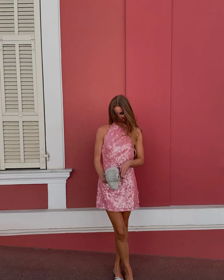 Modest A Line High Neck Pink Sequin Formal Homecoming Dresses 18th Birthday Outfits Graduation Dress Short Mini Hoco Dresses DH2522 - Deanwangkt