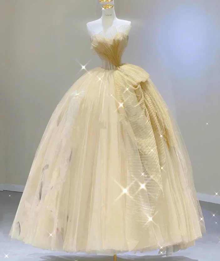 Modest Ball Gown Strapless Yellow Tulle Long Prom Dresses High School Outfits Graduation Dress Evening Dresses DP404 - Deanwangkt
