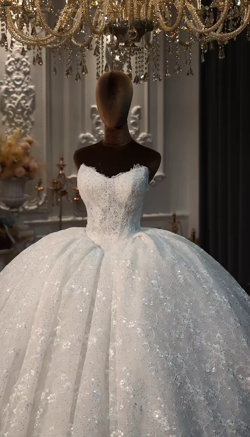 Luxury Strapless Ball Gown Applique Long Wedding Dresses Lace Ivory Bridal Dresses Sleeveless Bridal Gowns DP3699 - Deanwangkt