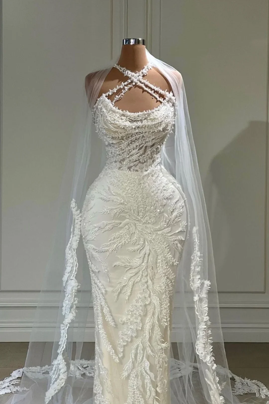 Luxury Long Wedding Dress White Halter With Tulle Appliques Gown White Wedding Dress DP619 - Deanwangkt