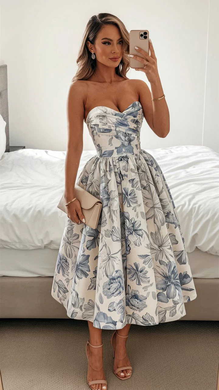 Elegant Wedding Guest Outfit Ball Gown Blue Floral Formal Night Dresses Summer Tea Length Wedding Guest Dresses DP769 - Deanwangkt