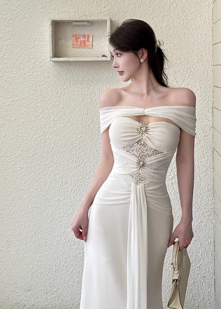 Elegant Off-the-shoulder Mermaid Chiffon Long Prom Dresses, White Formal Evening Gowns DP3068 - Deanwangkt