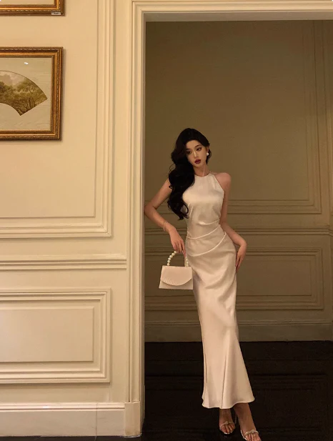 Sexy Mermaid Halter White Satin 18th Birthday Dress Ankle Length Party Birthday Outfits For Women DP0162 - Deanwangkt