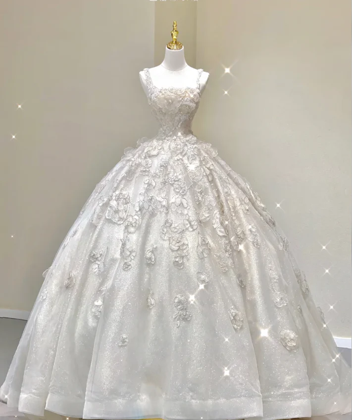 Unique Ball Gown Square Neckline Lace Long White Wedding Dresses Brides Dress DP421 - Deanwangkt