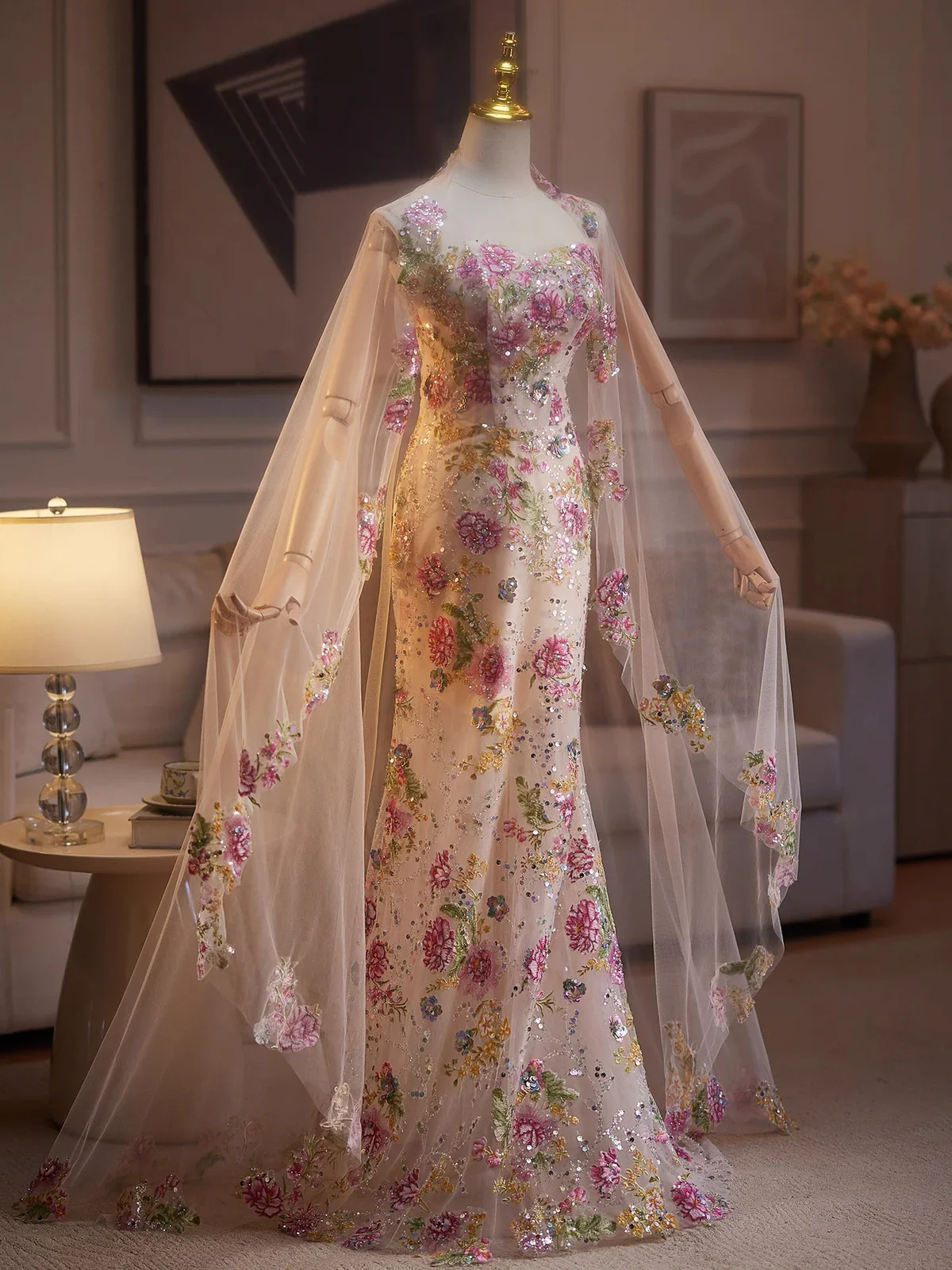 Glam Strapless Mermaid Tulle Long Prom Dresses, Floral Formal Evening Dresses DP3165 - Deanwangkt