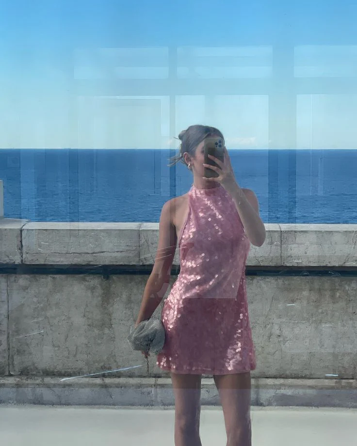 Modest A Line High Neck Pink Sequin Formal Homecoming Dresses 18th Birthday Outfits Graduation Dress Short Mini Hoco Dresses DH2522 - Deanwangkt