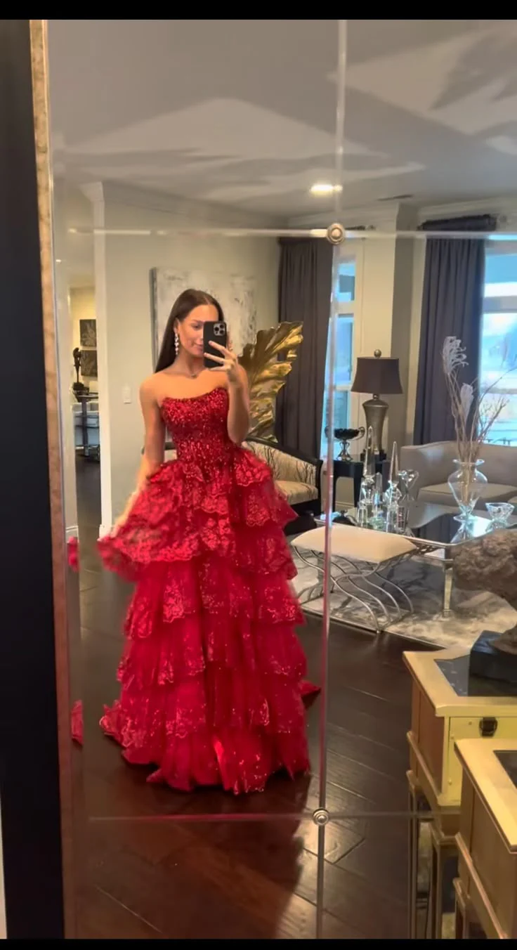 Elegant Ball Gown Strapless Red Lace Tulle Long Prom Dresses Party Dress 22th Birthday Outfits Graduation Dresses DH1372 - Deanwangkt