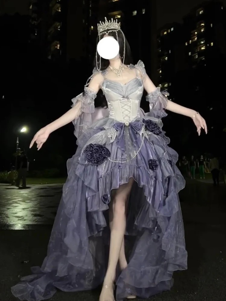 Vintage Ball Gown Spaghetti Straps Grape Chiffon Summer 18th Birthday Dress High Low Ombre Blue Pearls Lolita Dress Birthday Outfits W1253 - Deanwangkt