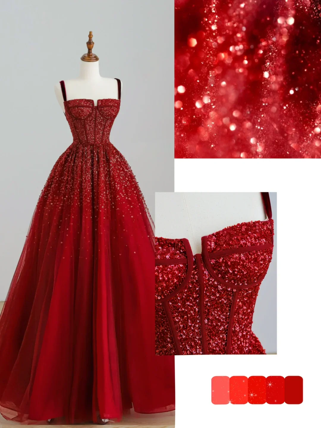 Elegant Glamour A line Spaghetti Straps Tulle Red Long Prom Dress Party Dress Evening Dresses DP1522 - Deanwangkt