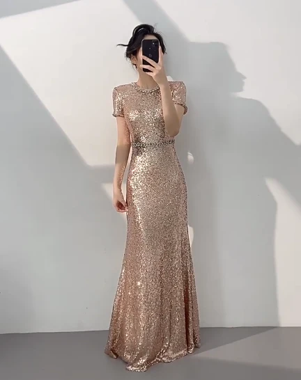Elegant Champagne Jewel Sheath Mother of the Bride Dress with Sequined Short Sleeves Formal Evening Gown DP2963 - Deanwangkt