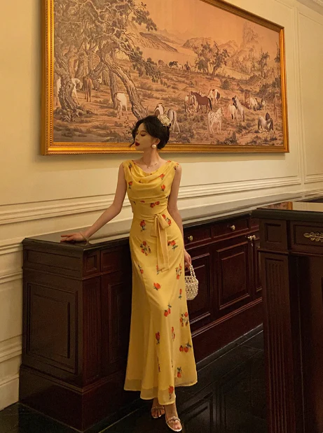 Cute Mermaid Yellow Chiffon Sleeveless 18th Birthday Dress Party Gown Birthday Outfits For Women DP0537 - Deanwangkt