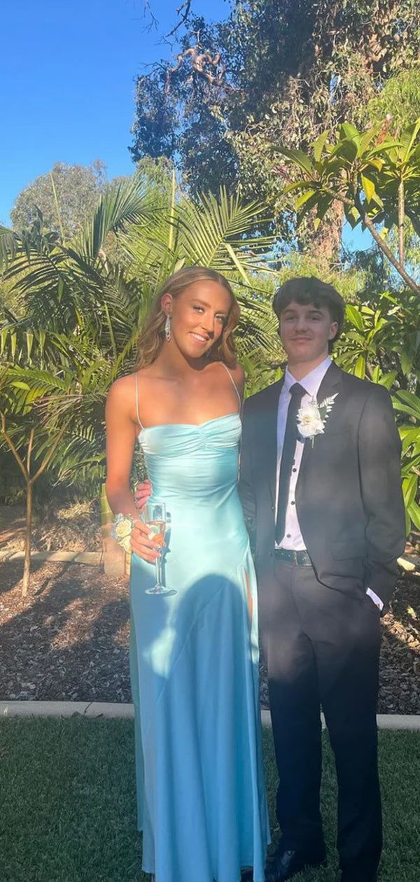 Elegant Blue Satin Mermaid Side Slit Long Evening Prom Dresses Sexy Prom Dress DP246 - Deanwangkt