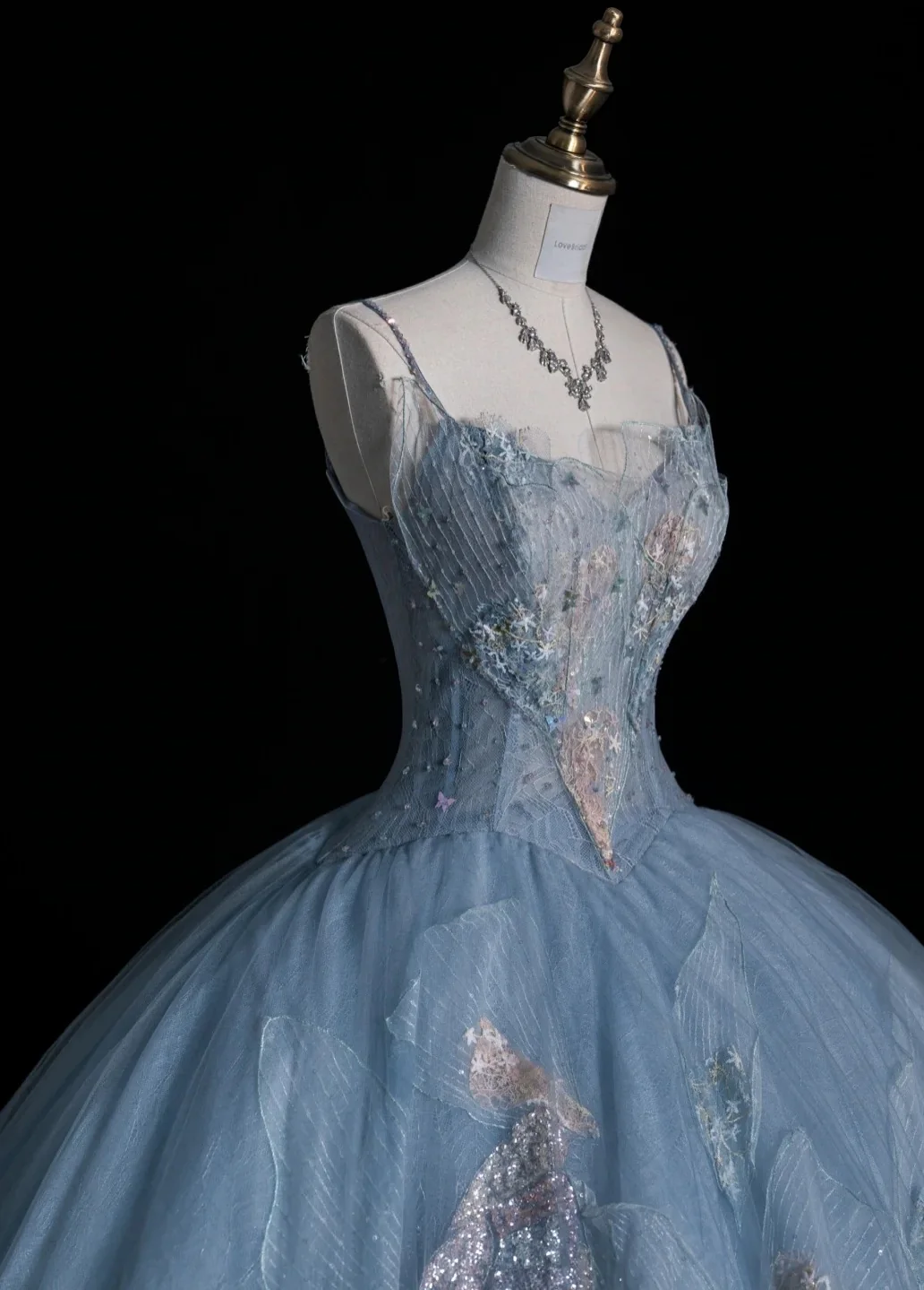 Gorgeous Spaghetti Strap A-Line Long Prom Dresses Tulle Sequined Gray Blue Evening Dresses DP3343 - Deanwangkt