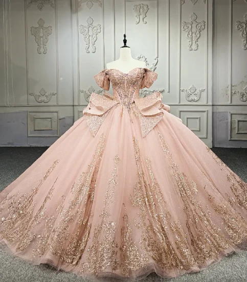 Gorgeous Off-the-Shoulder Ball Gown Tulle Beaded Applique Long Prom Dresses, Peach Quinceanera Dresses DP03044 - Deanwangkt