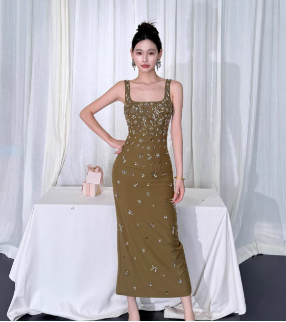 Elegant Sheath Olive Green Evening Dresses Beaded Satin Olive Green Wedding Guest Dresses DP3941 - Deanwangkt