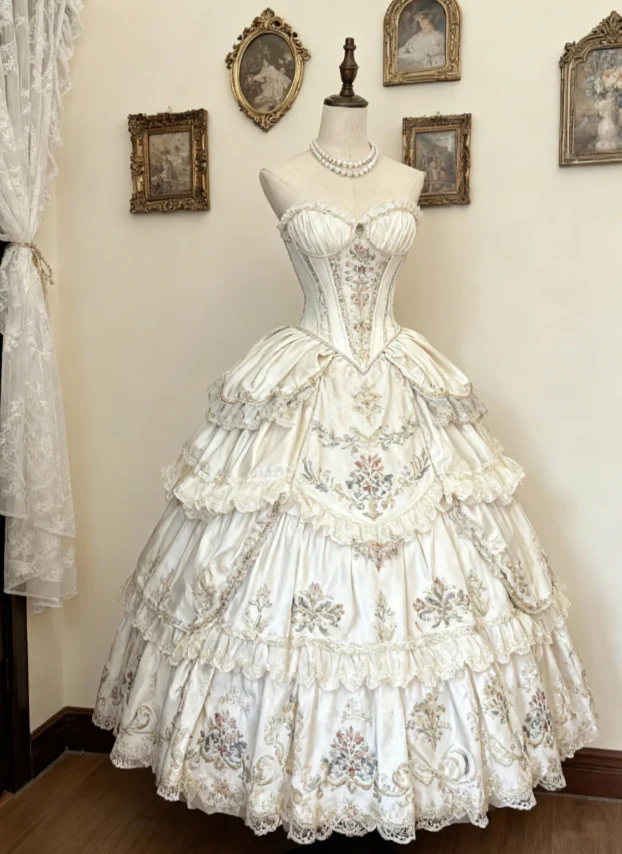 Sweet V-neck Ball Gown Satin White Short Birthday Dresses Lace Appliqué White Lolita Dresses DP3996 - Deanwangkt